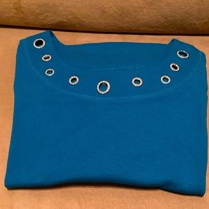 Quacker Factory SS Tee w rhinestone grommets neck & sleeve,Teal, XL, worn 1-2 x